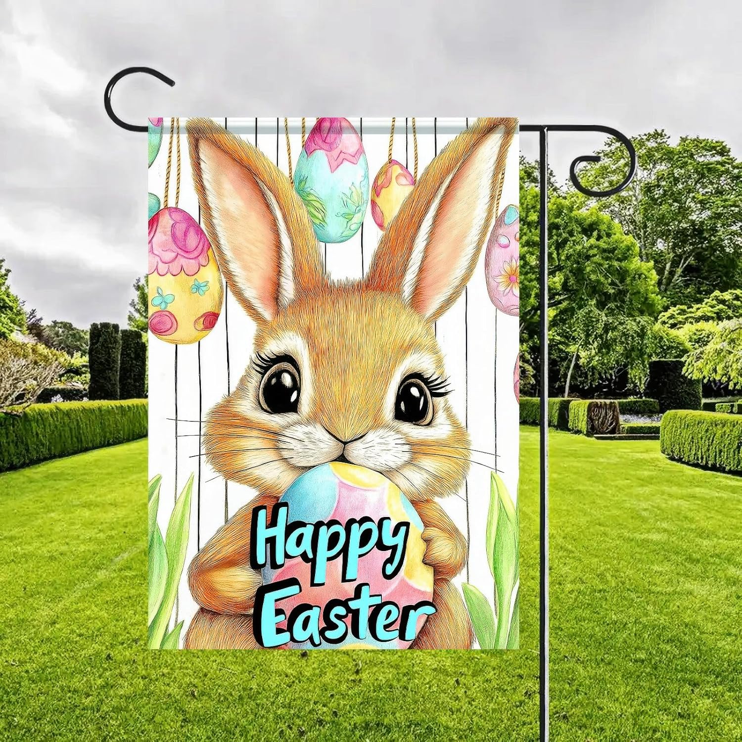 Happy Easter Bunny Garden Flag 12x18 Double Sided Colorful Eggs Seasonal Decors for Spring Farmhouse Holiday Outside Outdoor Small Decor Yard Flag Banner - Image 2