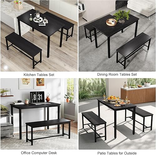 Miniatura 4 de Juego de mesa de comedor para 4, mesa de cocina con 2 bancos, muebles de comedor de madera de 3 piezas, juegos de sillas de comedor para rincón de