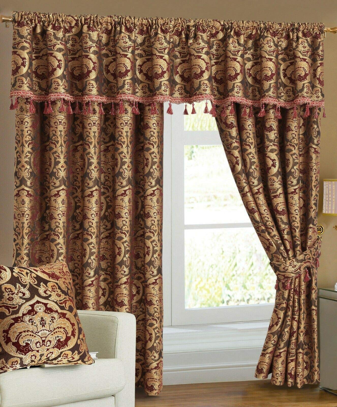 Householdfurnishing Curtain Pair Tieback Heavy Jacquard Pencil Pleat Pelmet (Burgundy, W 66 x L 72)