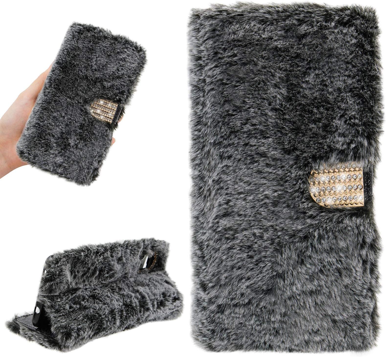 Girlyard Plush Wallet Case for iPhone SE 2020 / iPhone 8 / iPhone 7, Fluffy Soft Faux Fur Bling Diamond Buckle PU Leather Flip Stand Cover with Card Holder Cute Furry Phone Case for Women - Dark Gray