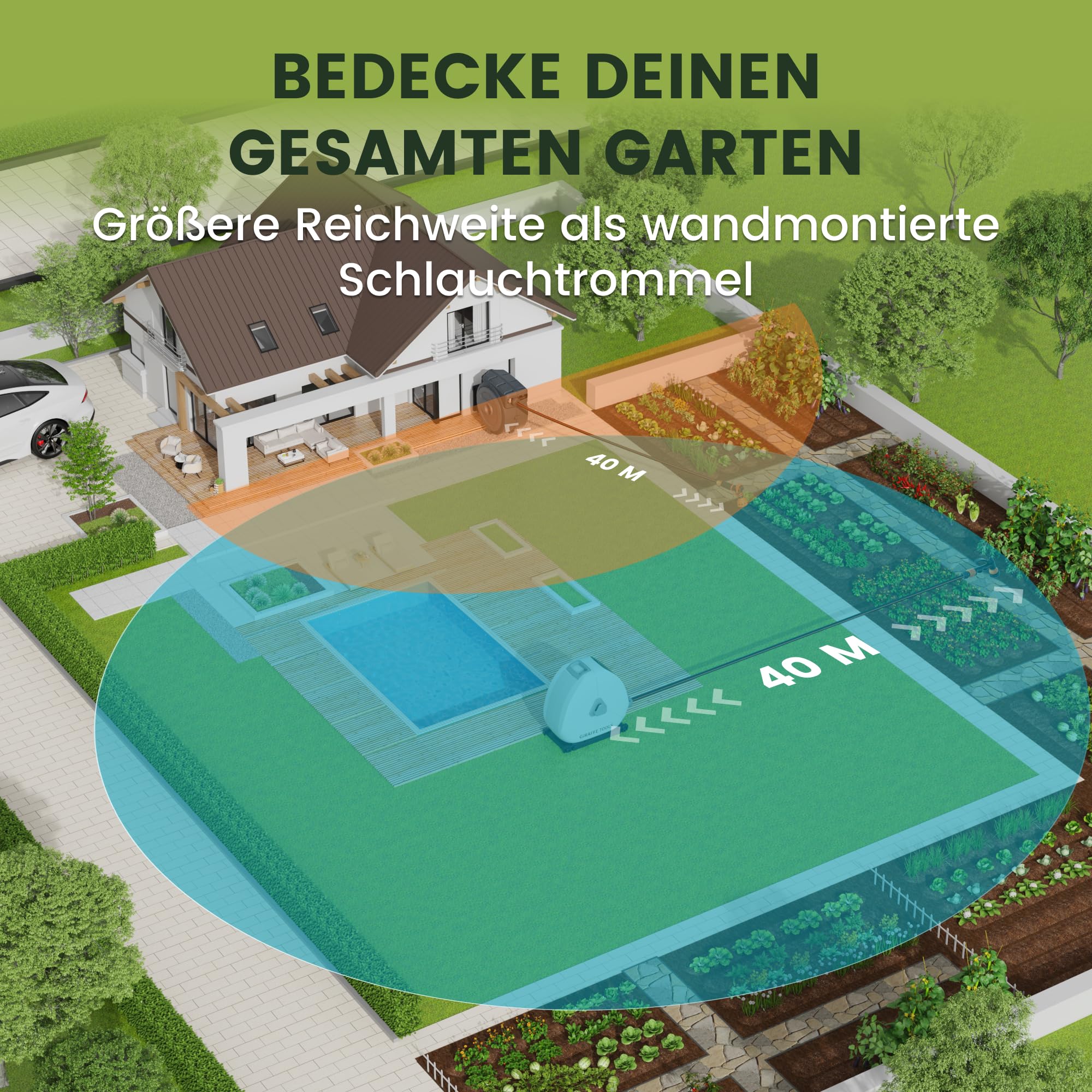 Giraffe Tools Ausziehbare Schlauchtrommel mit 40 m, robuste Bodenmontage, Gartenschlauchtrommel, mit 7-Funktions-Sprühdüse und 360° flexiblem Drehsockel