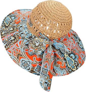 Womens Flower Straw Sun Hat Floppy Wide Brim Beach Bucket Hat Foldable Roll Up UPF50+ Summer Travel Cap Bowknot Boho Style