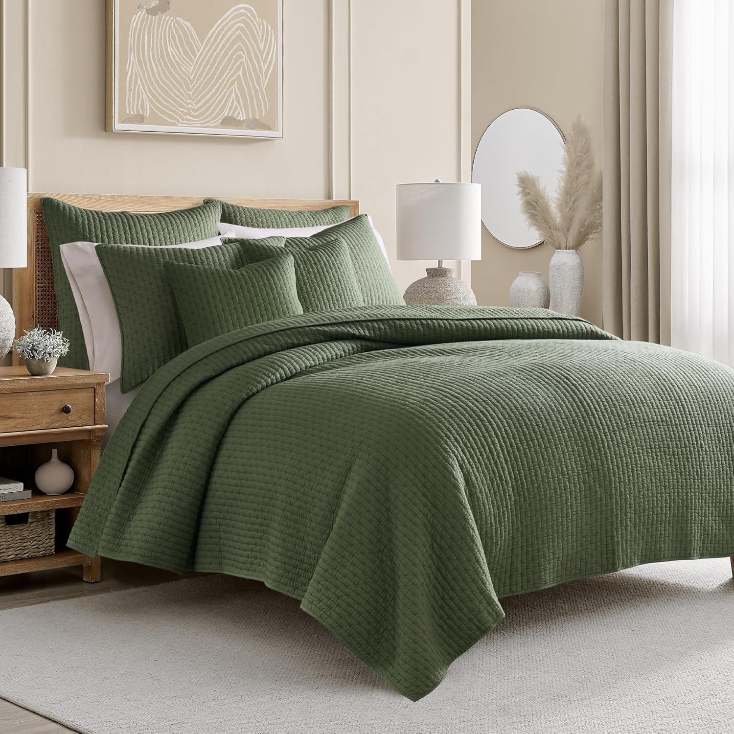 Levtex Home Cross Stitch Reversible Full/Queen Quilt Set (88x92in) and 2 Pillow Shams (26x20in) - Stitch Texture - Forest Green - Cotton Full/Queen Size Quilt Bedding Set - Lightweight Soft Pre-Washed