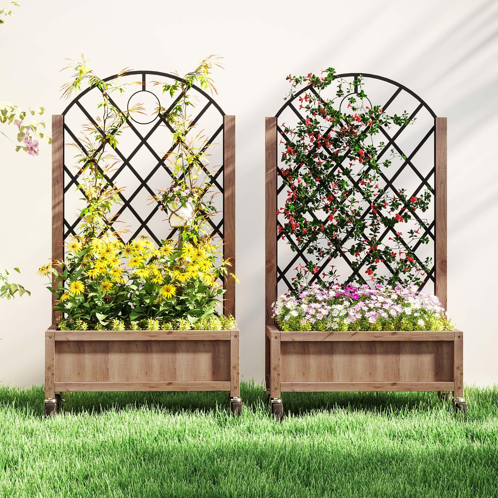 Outsunny Juego de 2 Jardineras de Exterior con Ruedas 52x25x97 cm Natural | Jardineras con Celosía Metálica, para Plantas Trepadoras, Maceteros para Jardín Terraza Patio