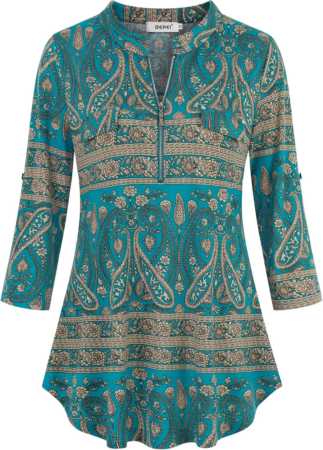 BEPEI Womens Floral 3/4 Sleeve Shirts Zip up V Neck Work Chiffon Blouses Top - Image 3