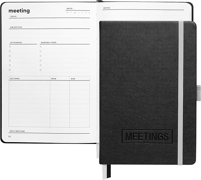 Meeting Notebook for Work - Professional Hardcover Meeting Planner - 2 Pages Per Meeting and Extra Meeting Notes Section, Index, 160 Pages, 100gsm Paper, Work Notebook, Project Planner
