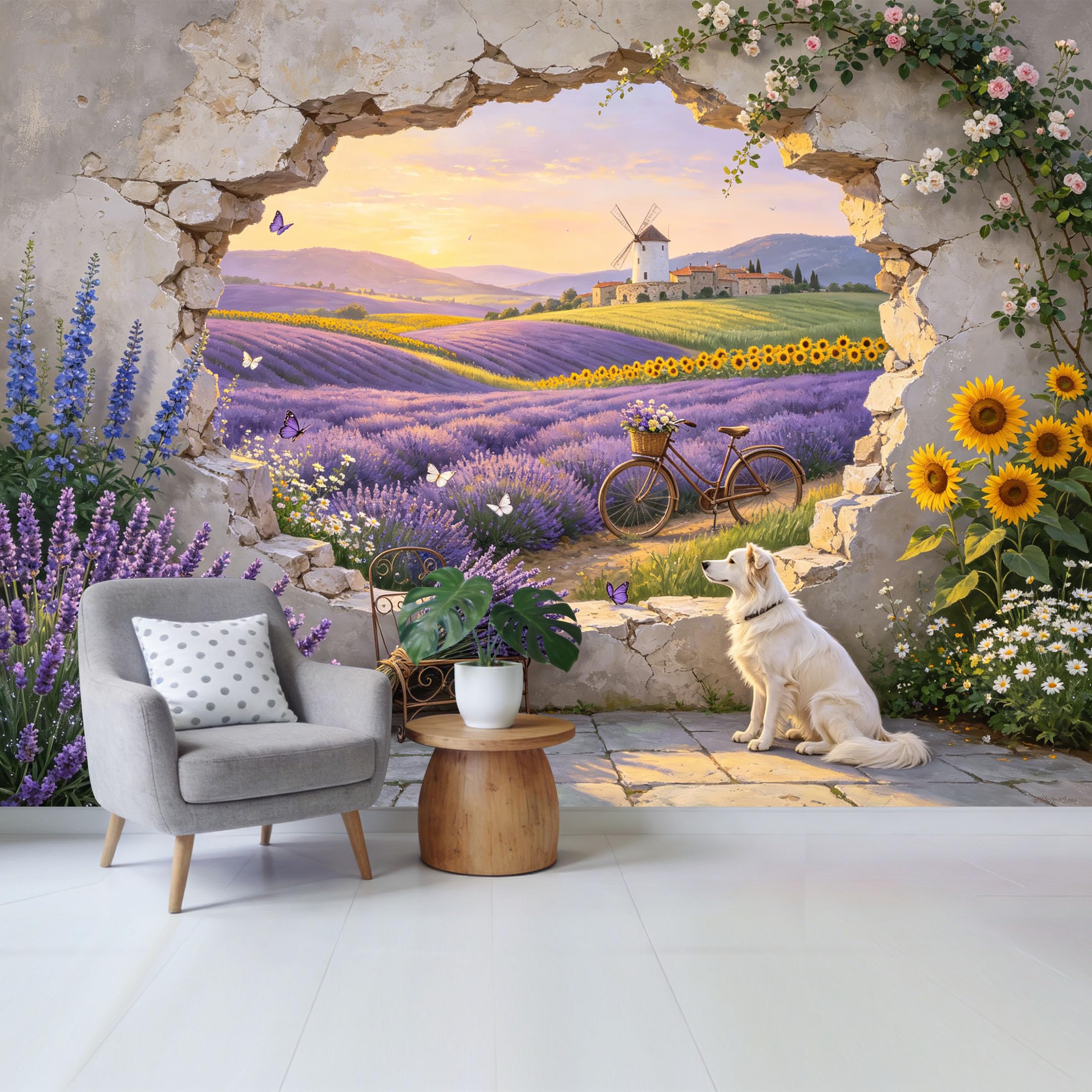 Custom Size Wall Mural Lavender Field Landscape with Windmill Bicycle Sunflowers Dog 3D Trompe L'Oeil Removable Self Adhesive Fabric Home Wall Decor for Living Room Bedroom Bathroom