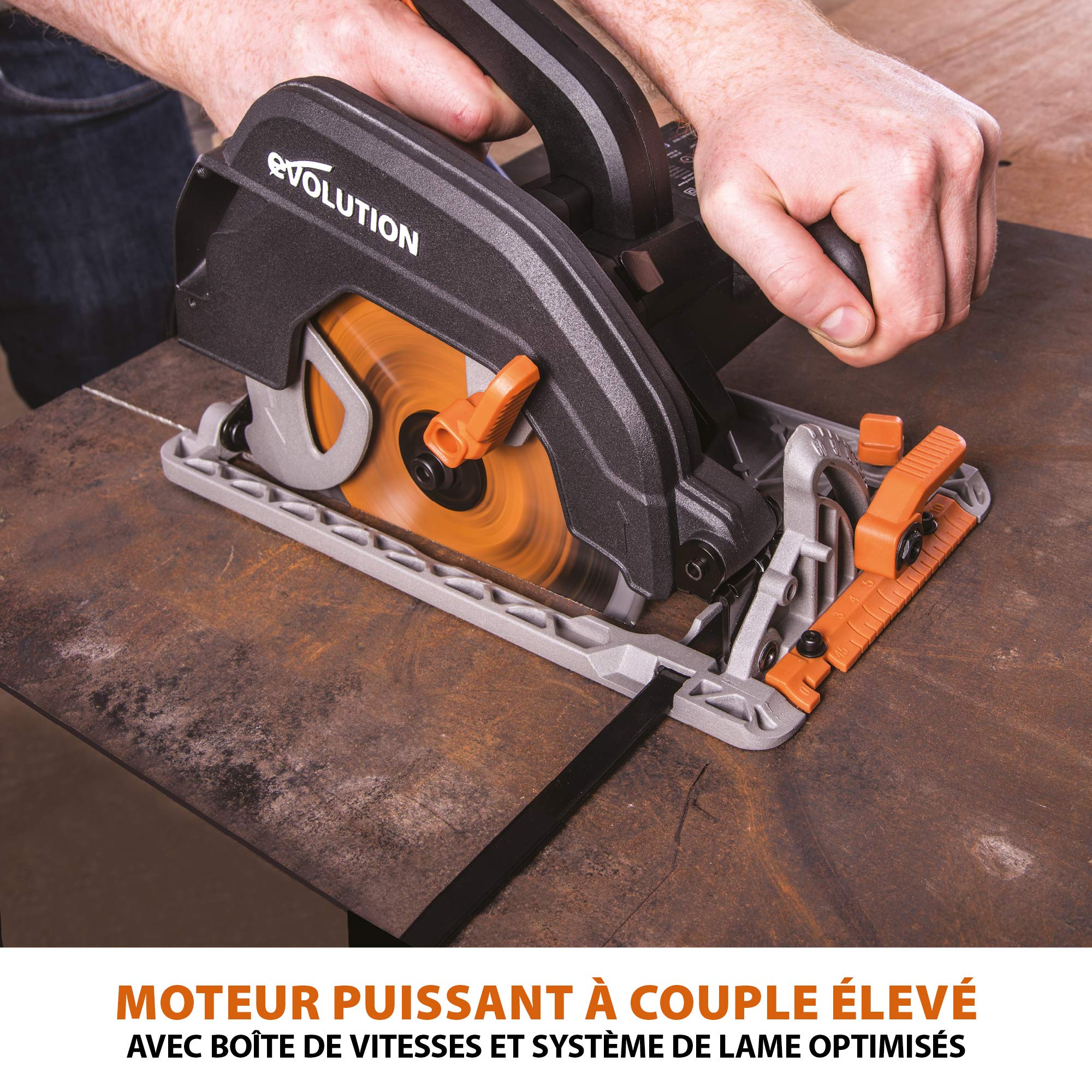 Evolution Power Tools Scie Circulaire - Coupe Multi-Matériaux - Le Bois, Le Plastique, Le Métal - Biseau 0° - 60 - Profondeur de coupe de 64 mm - Guide Parallèles - Lame Incluse 185mm - R185CCS