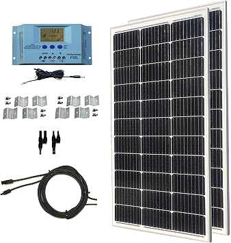 WindyNation 200 Watt Monocrystalline Solar Panel Off-Grid Kit with LCD PWM Charge Controller + Solar Cable + Connectors + Mounting Brackets