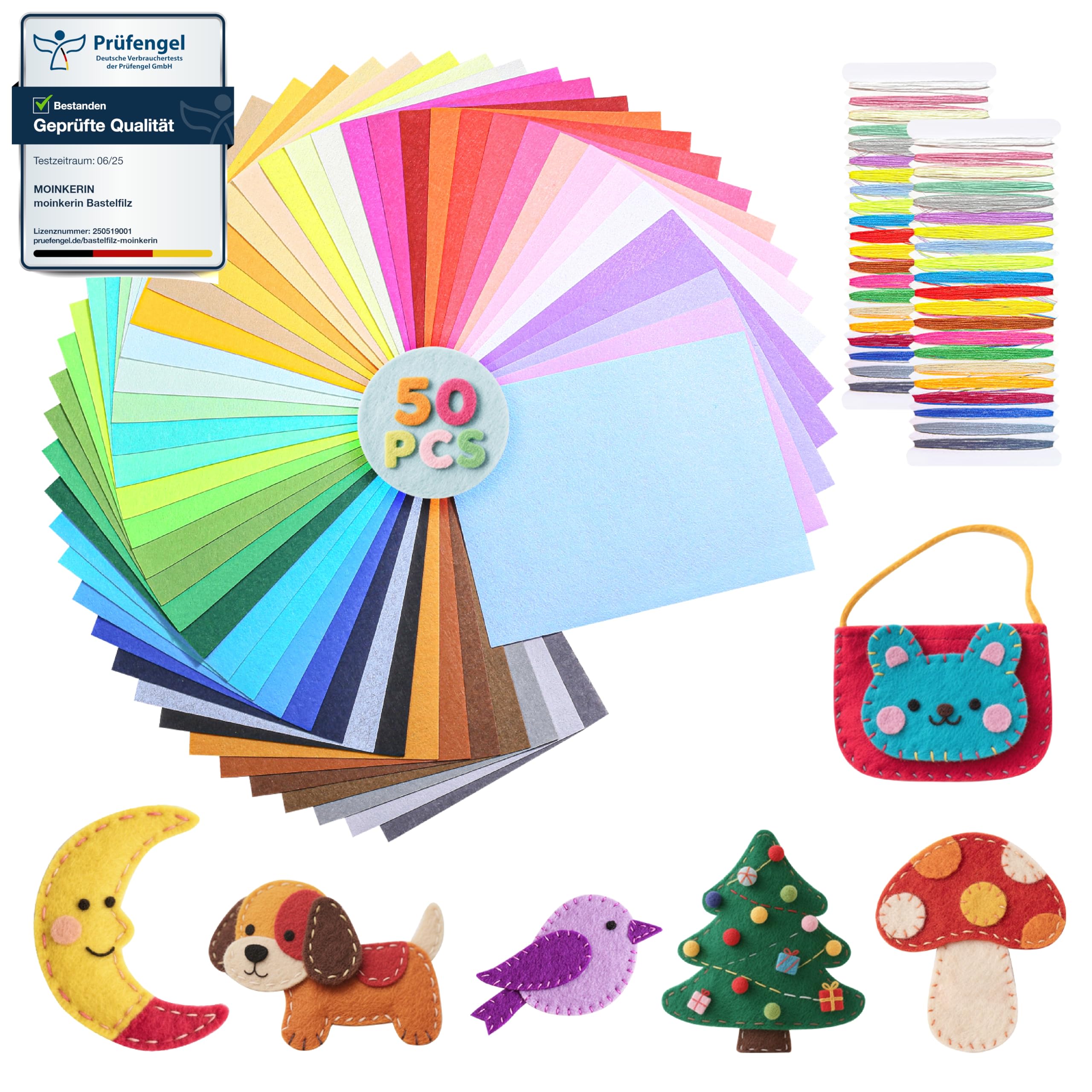 moinkerin 50 Farben Bastelfilz 40x30cm Filzstoff zum Basteln mit Nähgarn-Set 1mm Filzplatten für DIY Patchwork, Handarbeiten,Dekoration,Nähen Projekte (50 Stück)