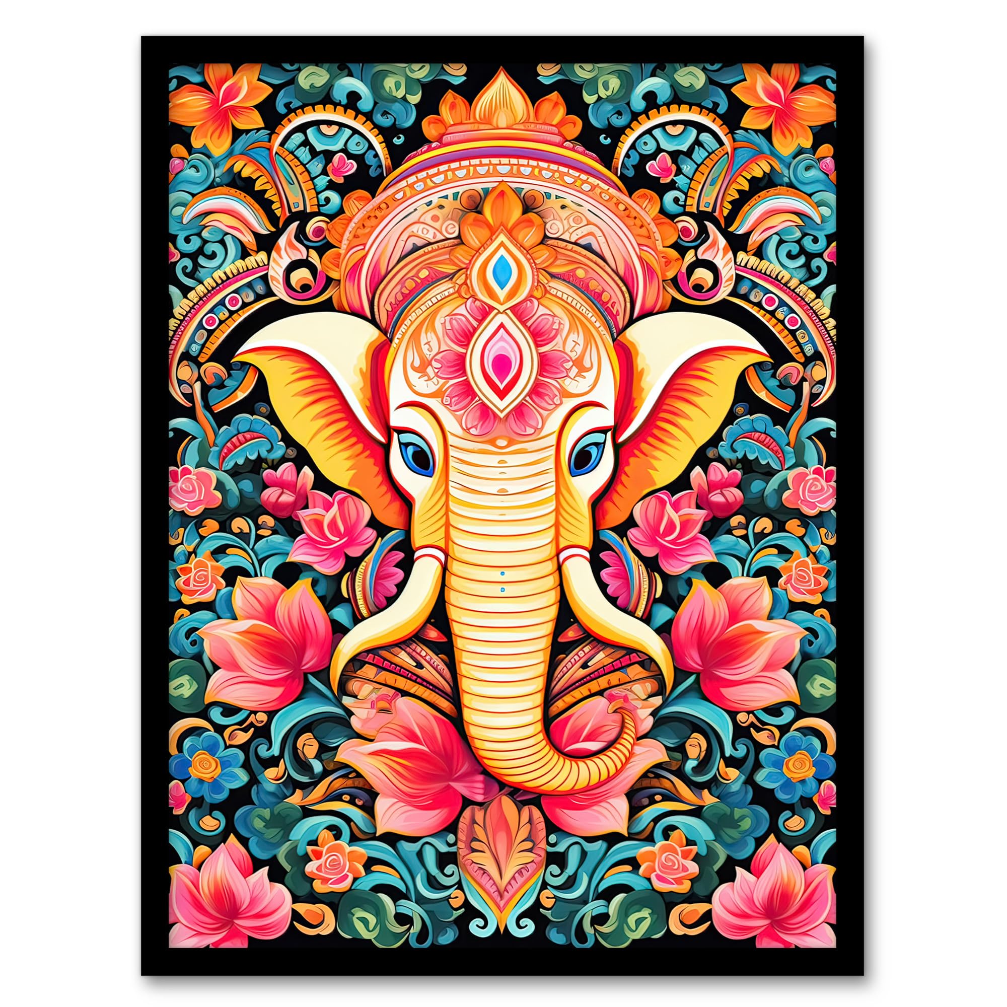 Artery8 Hindu Floral Pattern with Elephant Vibrant Painting Orange Pink Blue Ganesha Ornate Flower Design Artwork Framed Wall Art Print 18X24 Inch