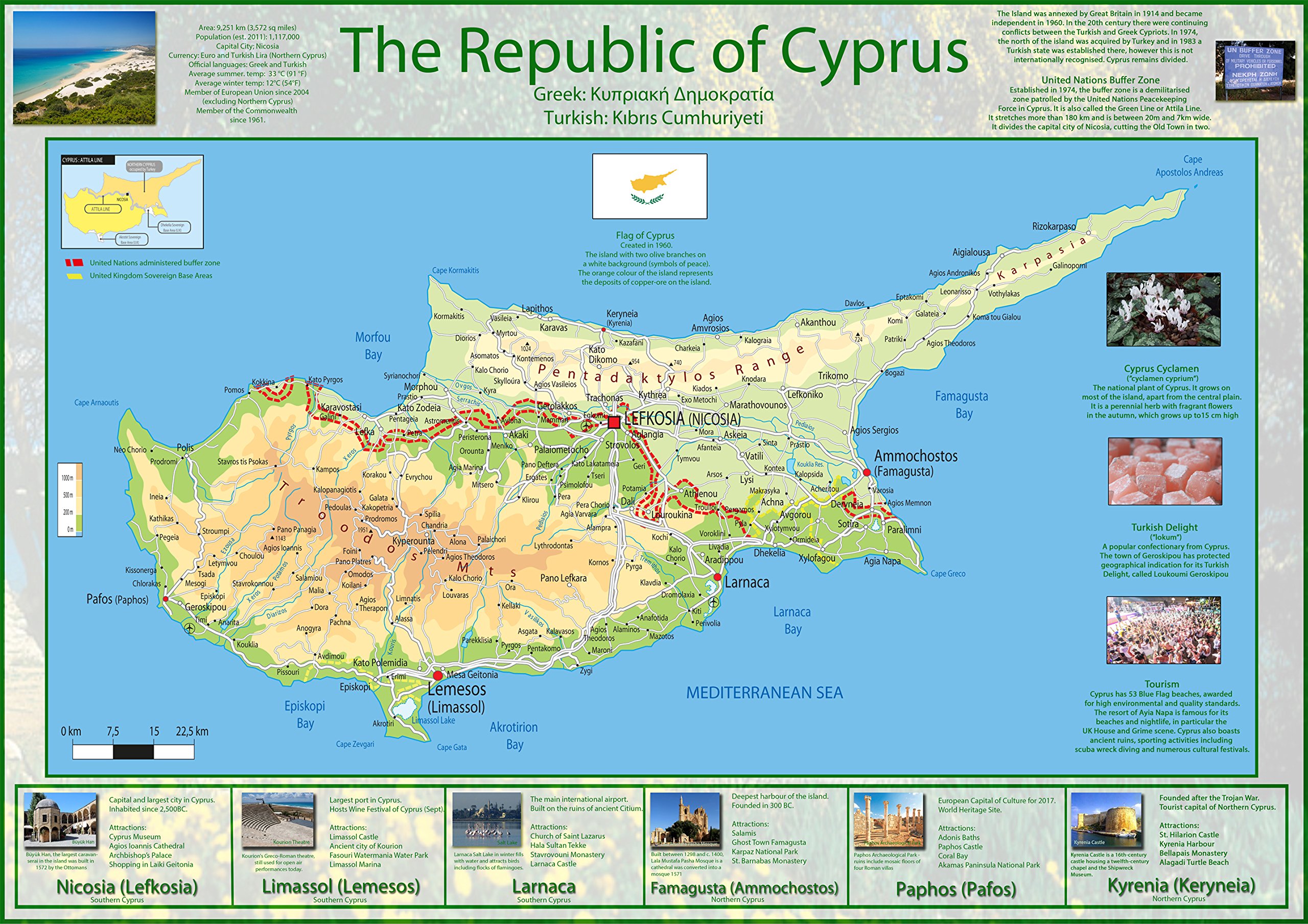 Illustrated Map of Cyprus - Size A0-84.1 x 118.9cm - Paper Laminated