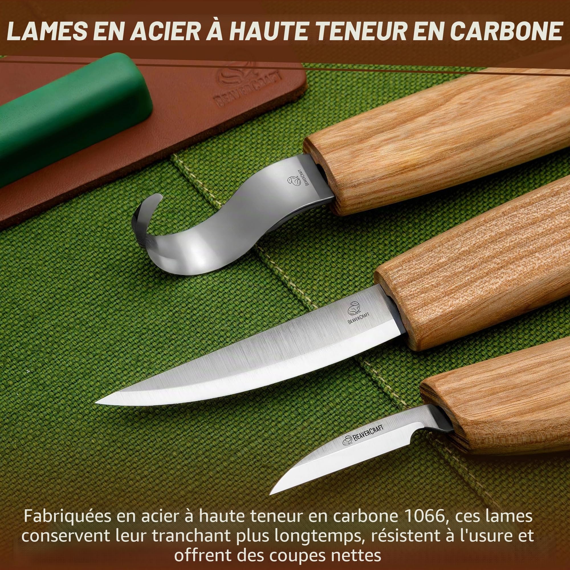 BeaverCraft S13 Set d'outils de sculpture sur bois pour la sculpture de cuillères 3 couteaux dans le rouleau d'outils affûteuse en cuir et pâte à polir crochet couteau de détail Sloyd Couteaux
