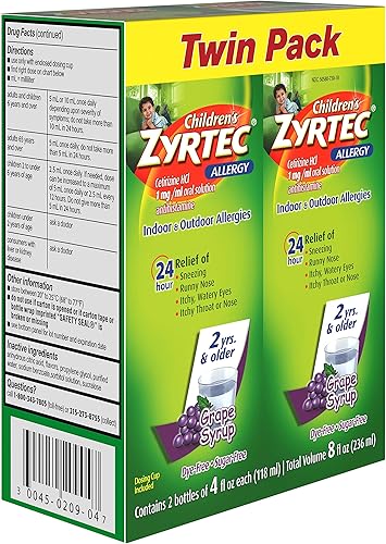 Miniatura 4 de Zyrtec Jarabe para alergias infantiles 24 horas con cetirizina, uva sin azúcar, paquete doble de 4 onzas líquidas