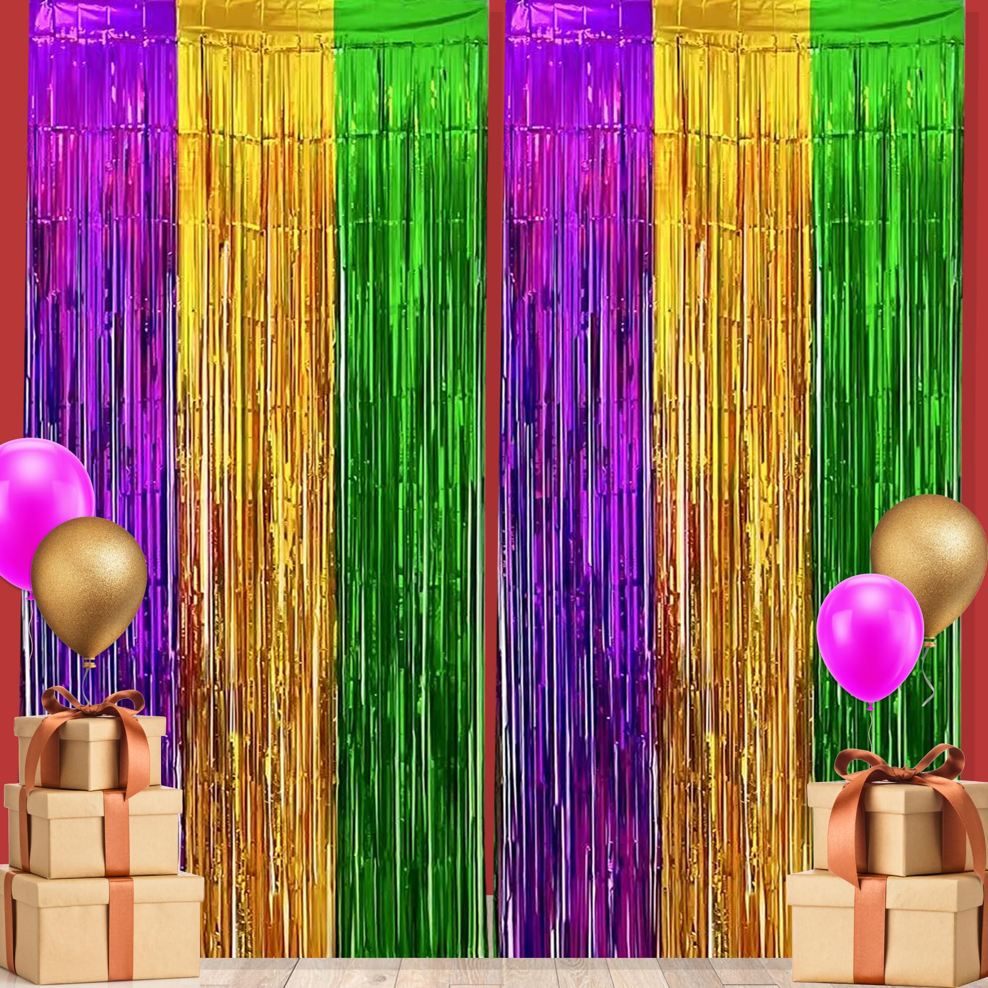 GiftExpress 2-Pack 3.33 FT x 8.33 FT (Total 6.66 FT x 8.33 FT) Mardi Gras Metallic Foil Fringe Curtain, Mardi Gras Themed Party, St. Patricks Day Tinsel Backdrop, Foil Fringe Photo Booth Props
