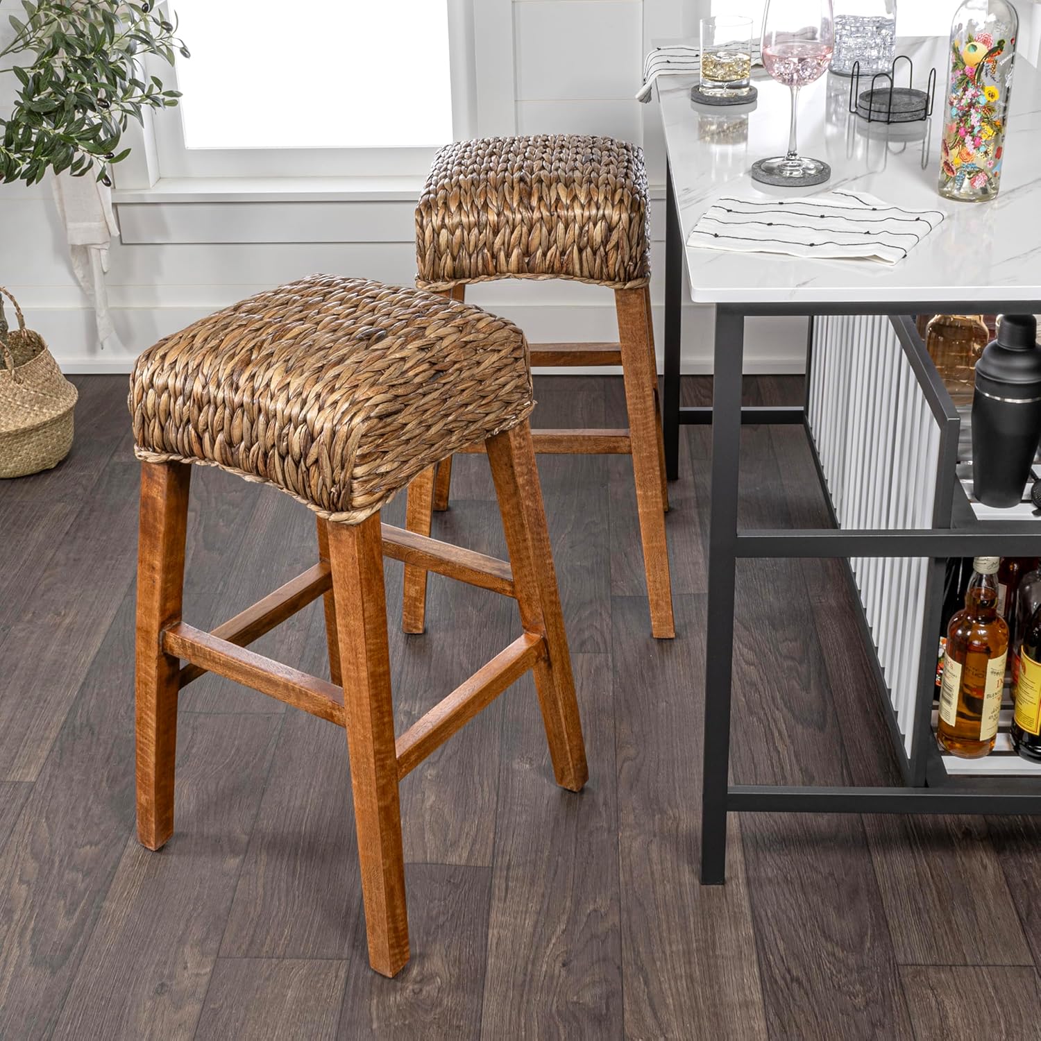 Eyely LSB1101A Elysoria 29.5" Rustic Bohemian Hyacinth/Wood Backless Bar Stool, Brown Wash Woven Seat with Natural Wood Frame