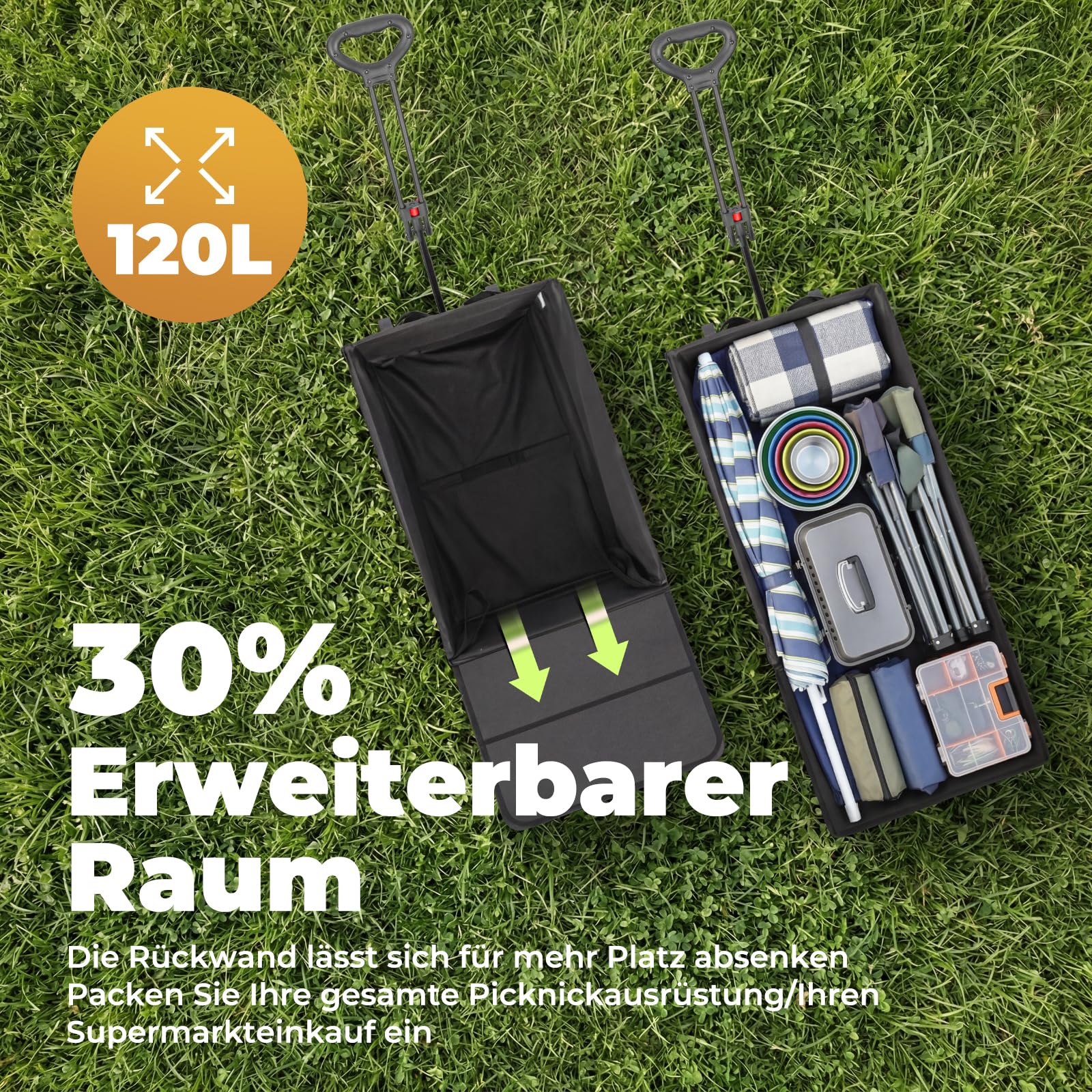 Bollerwagen Faltbar 120L+, Bis 150kg mit Heckklappe, Regenschutz, Bremsen | Reflektorstreifen, Strandwagen Klappbar, Faltbarer Bollerwagen Für Hunde, Einkaufen, Camping, Strand, Transport, Outdoor
