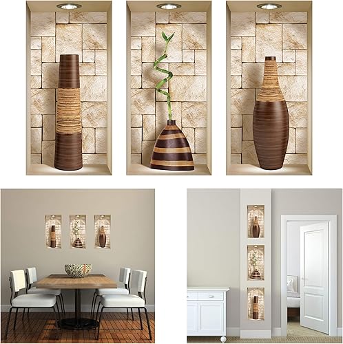 Miniatura 2 de The Nisha Paquete de 3 calcomanías de vinilo 3D extraíbles para pared, diseño mágico, para despegar y pegar, para salpicaduras, piedras marrones,