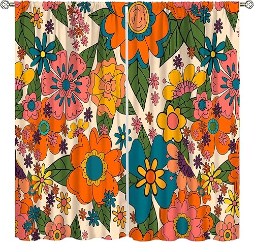 Miniatura 10 de Cortinas florales retro de los años 70 con patrón de margaritas naranjas de mediados de siglo, con bolsillo para barra, cortina para sala de estar y