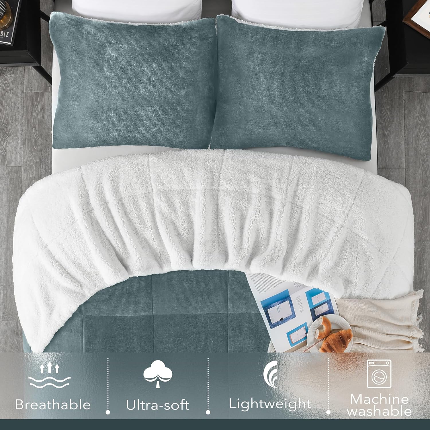 downluxe Ultra-Soft Micromink Sherpa Queen Comforter Set with 2 Pillow Shams - 3-Piece Set - Cypress - Plush Warm Fall Winter Blanket & Bedding Comforter Sets - Image 5