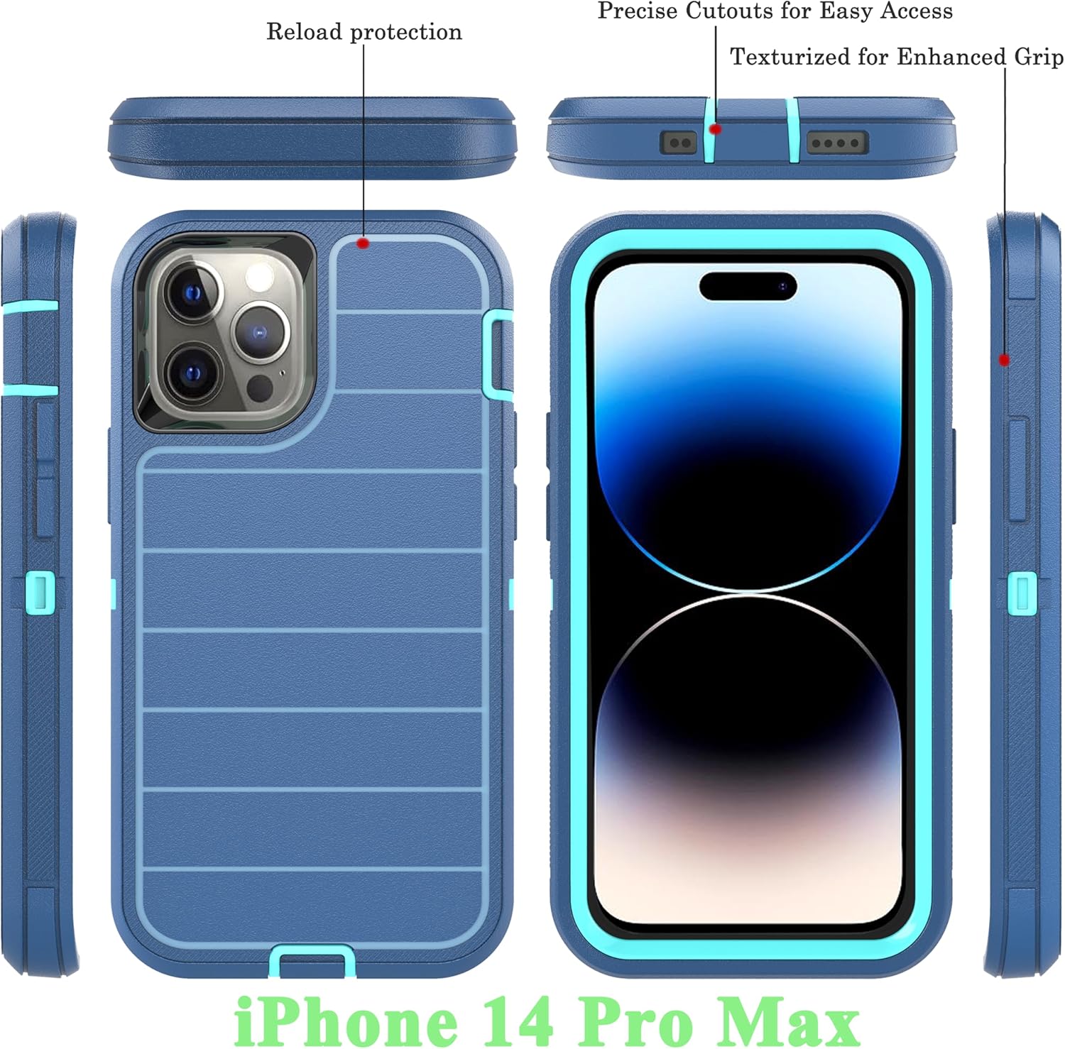 YmhxcY for iPhone 14 Pro Max Case [1 Set of Tempered Glass Screen Protector and Camera Lens Tempered Film] Drop Proof 3-Layer Durable Cover/Shockproof Solid Rubber Stripe Case 6.7 inch-Blue/Turquoise - Image 2