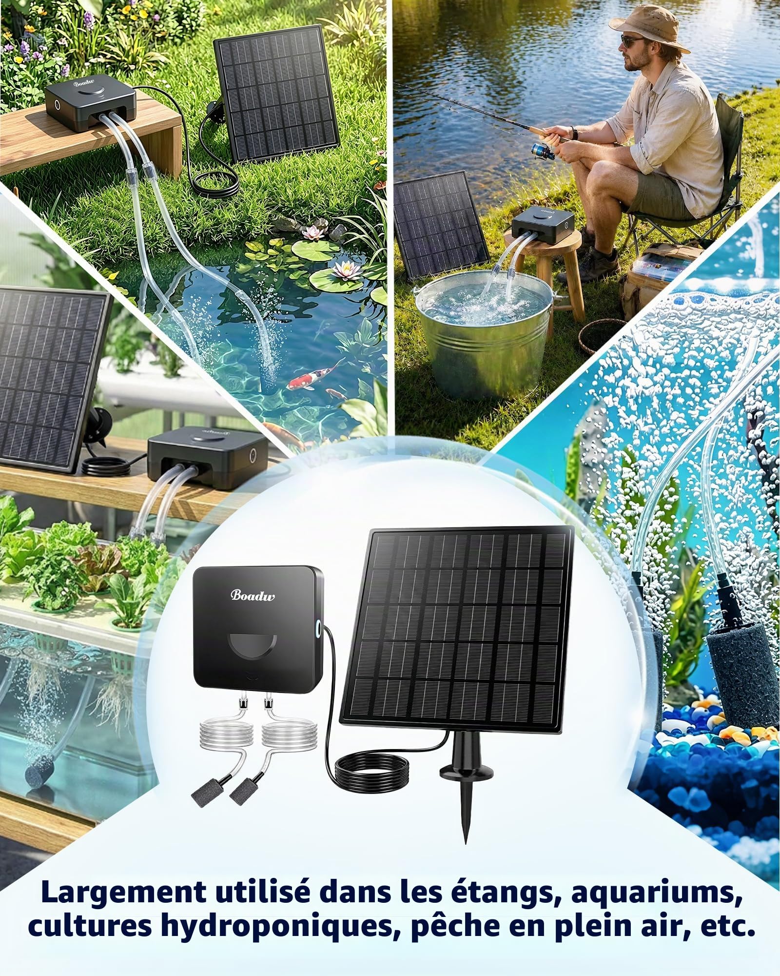 Pompe à oxygène Solaire 6W 4400mAh – Aérateur Bassin avec 2 Pierres à air, antigel – Fonctionne par Temps Nuageux, Jardin et pêche