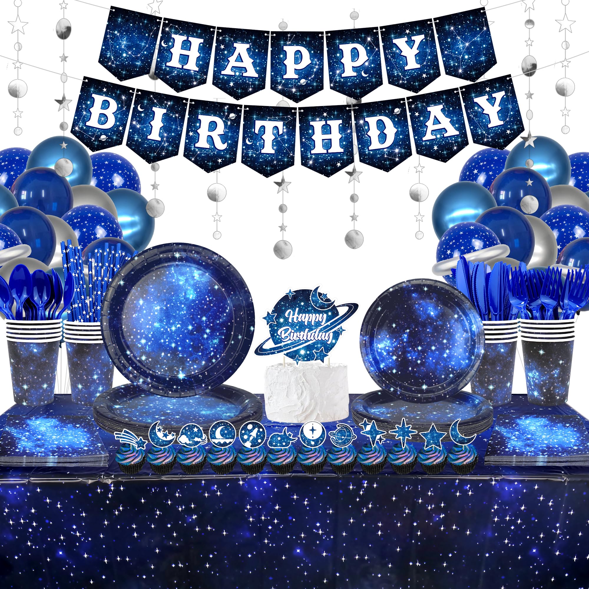 Space Galaxy Party Supplies, Includes Happy Birthday Banner, Plates, Cupcake Topper Napkins, Cups, Tablecloth, Balloons, for 20 Guests Galaxy Outer