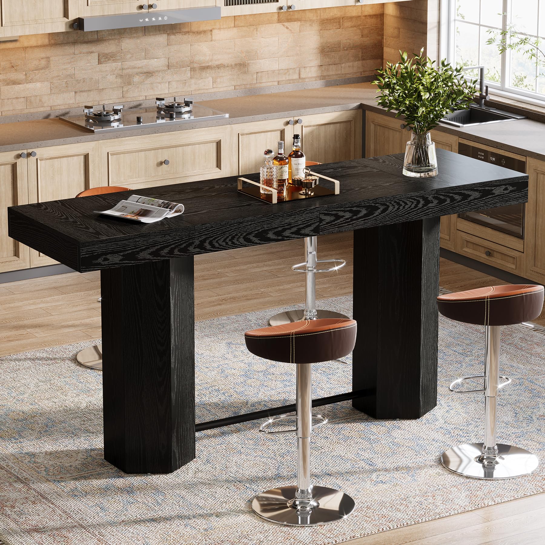 70.9" Extra Long Bar Table, Industrial Counter Height Table, Rectangular Bar Height Tables with Metal Footrest for Kitchen Dining Room, Living Room, Pub (Black)