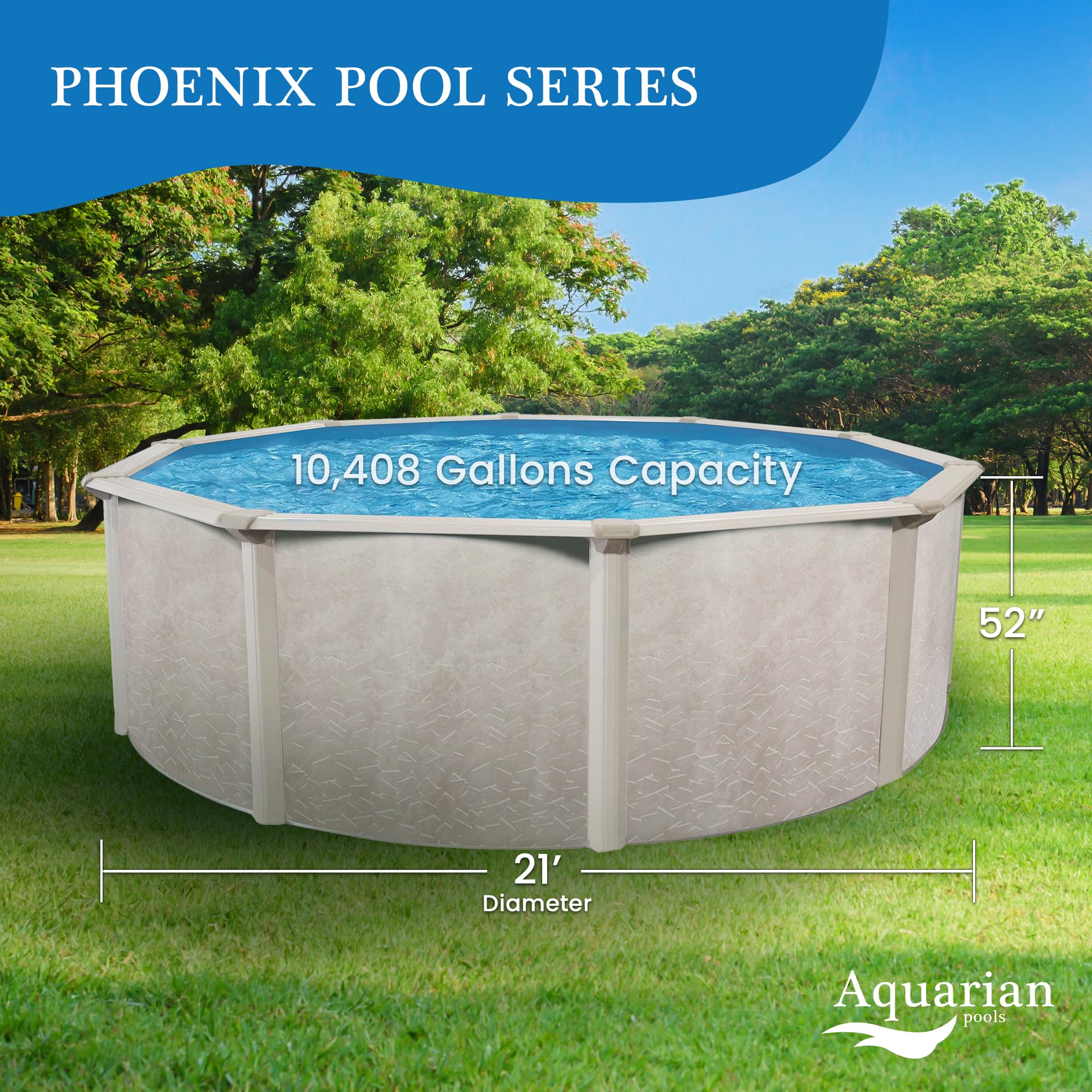 Aquarian Phoenix 21 Foot Round x 52 Inch Deep Steel Frame Above Ground Swimming Pool Set with Sand Filter, Pump, Ladder, Pool Liner, and Skimmer