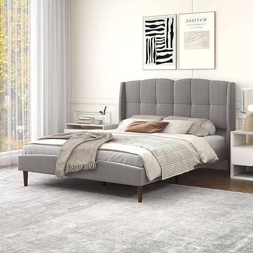 RYR Base de cama tapizada tamaño Queen con cabecera clásica, soporte de listones de madera antideslizante, fácil montaje, no requiere somier, lino