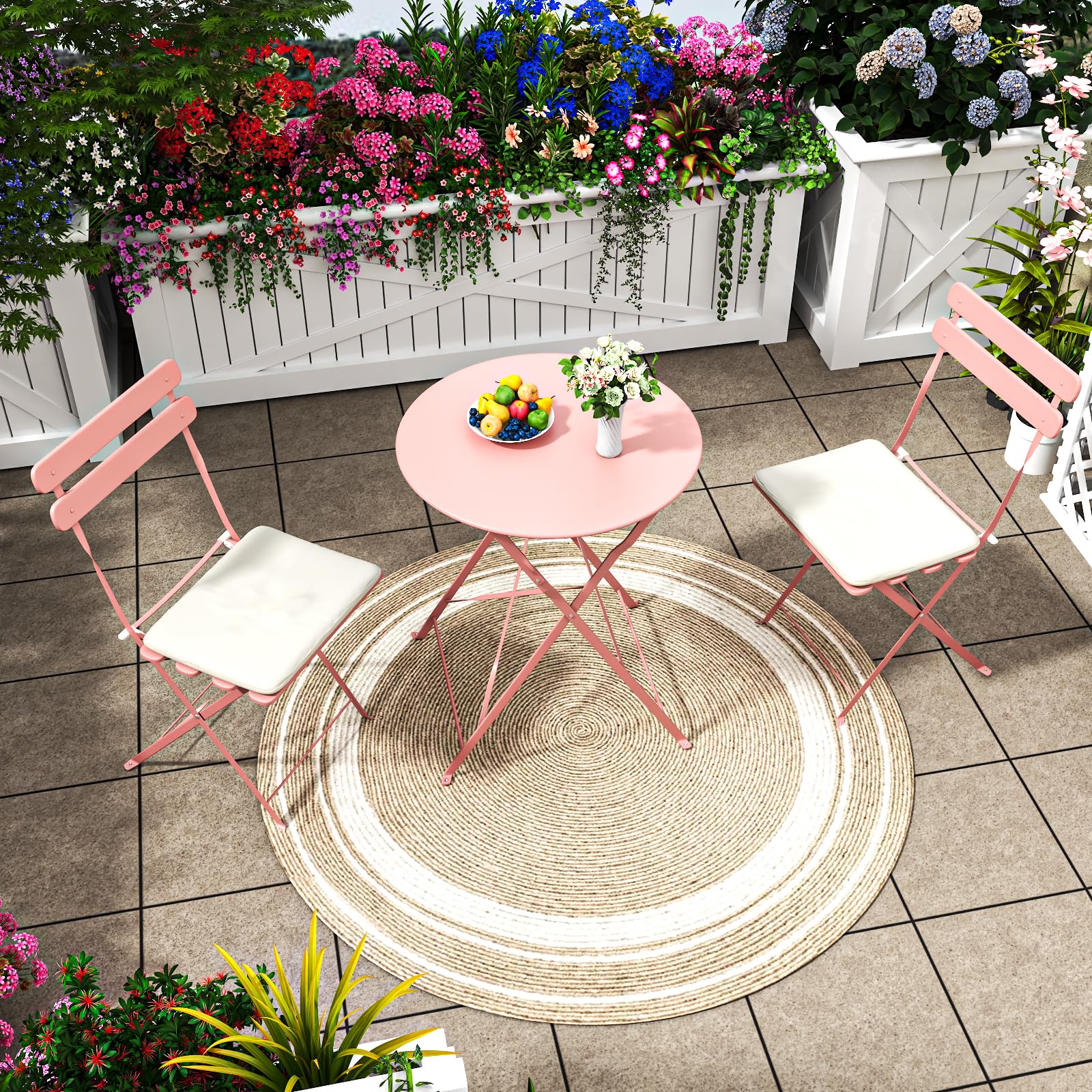 3-Piece Patio Bistro Set Outdoor Furniture Set Folding Bistro Table and Chairs with Premium Steel Frame Weather Resistant Conversation Set for Bistro Balcony Porch Yard Garden(pink with cushion)