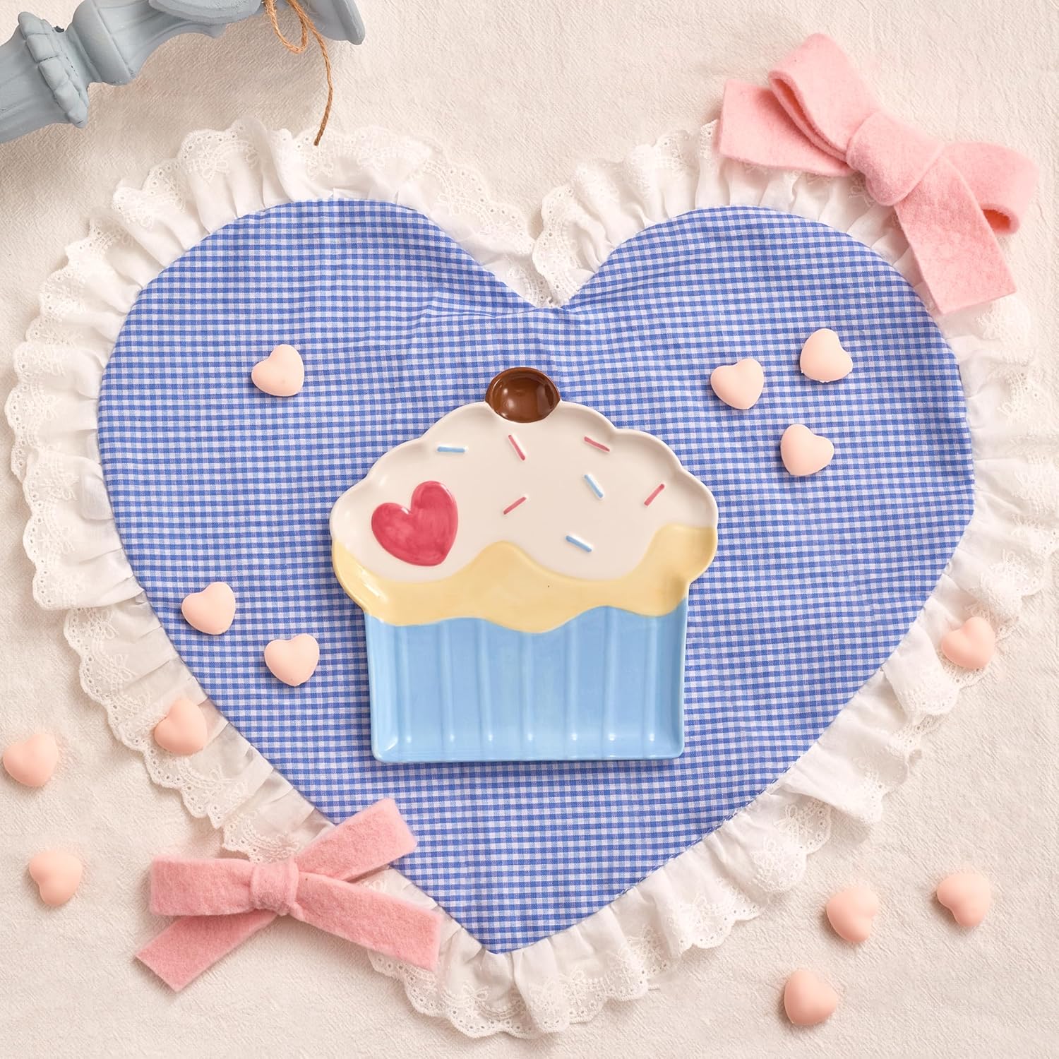 Bico Cupcake with Heart Appetizer Plates Set, Valentine's, 7 inch Dessert Plates, Microwave and Dishwasher Safe
