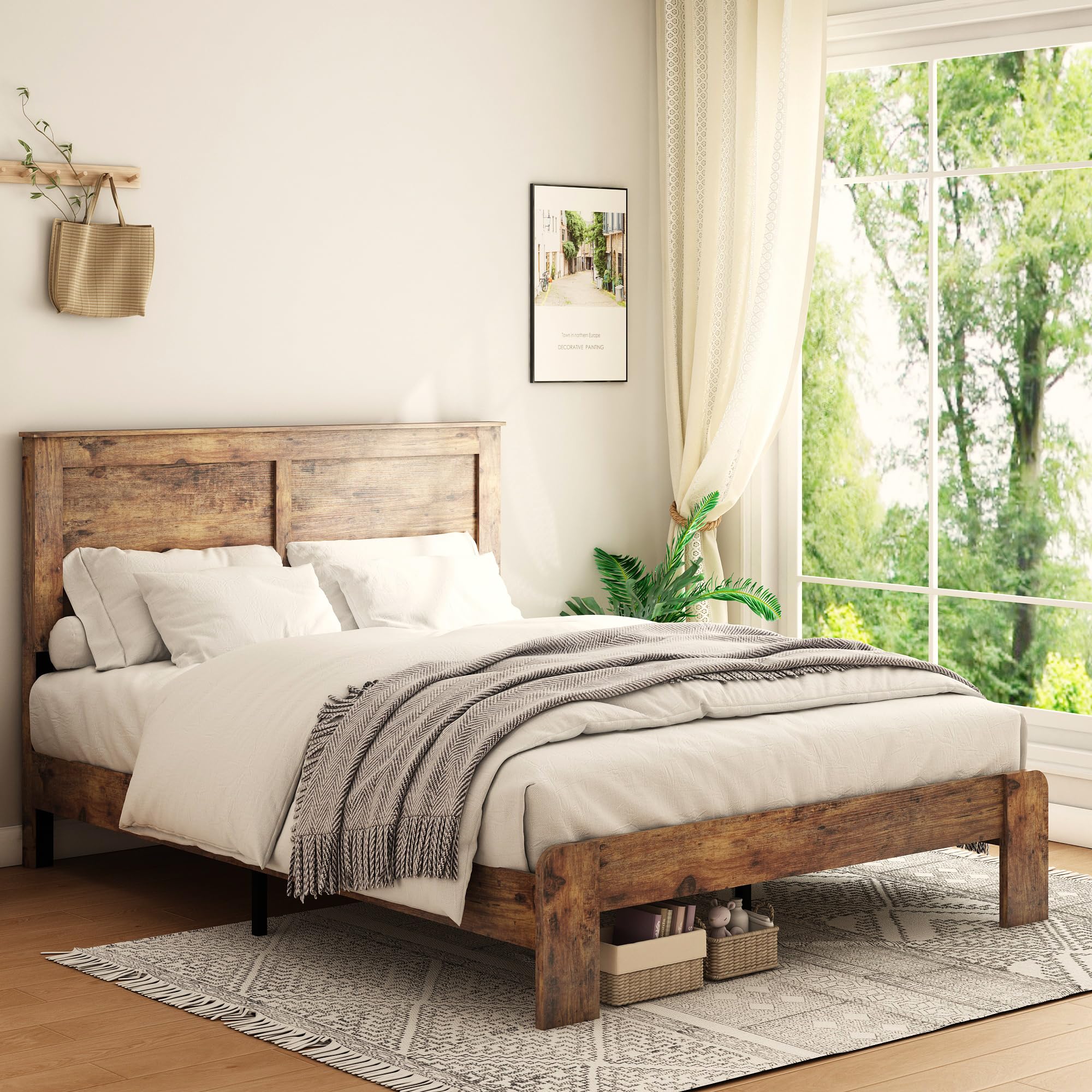 Photo 1 of ***FOR PARTS MISSING PIECES / HAS DAMAGES*** Bellemave Rustic Vintage Full Size Bed Frame with Headboard,Wooden Platform Bed Frame Full Size with Wood Slats,Easy Assembly,Dark Brown