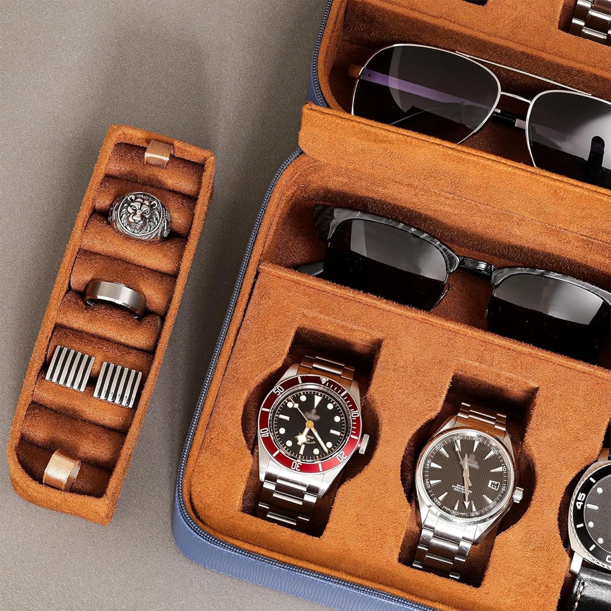 ROTHWELL Étui de voyage pour 8 montres, lunettes de soleil, bagues et boutons de manchette | Protection portable robuste avec fermeture éclair – S’adapte à la plupart des montres