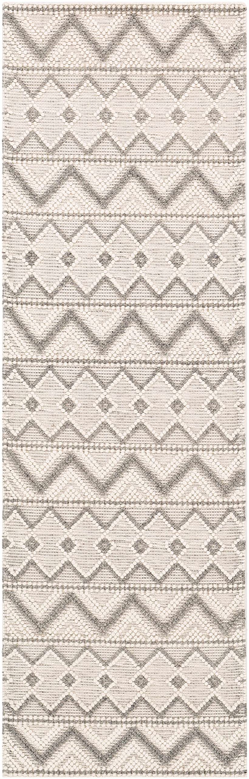 BoutiqueRugs Antigo Boho Hand Woven Wool Natural Fiber Runner Rug - Farmhouse High Low Textured Zig Zag Patterned Carpet for Hallway - Cream, Gray - 2'6