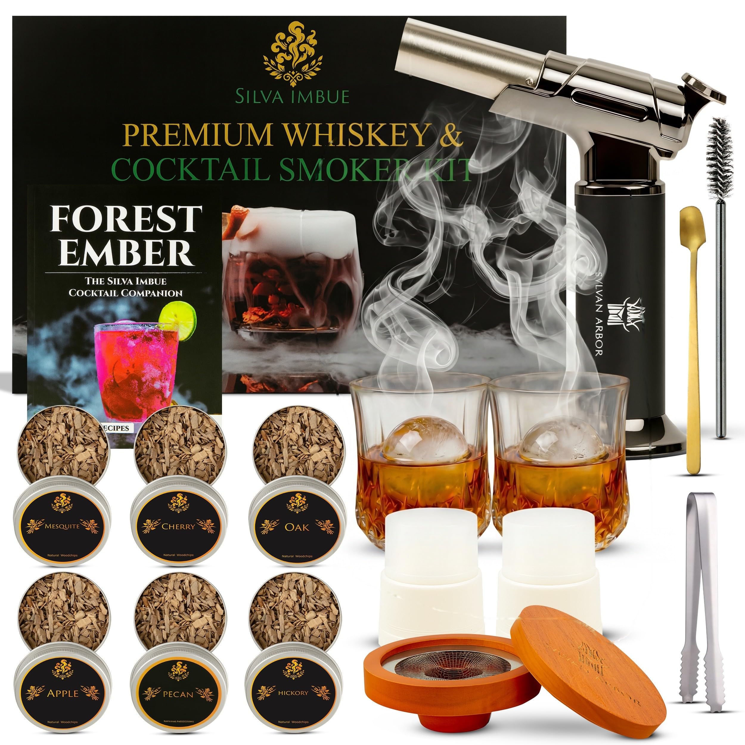 Silva Imbue Whiskey Smoker Kit with Torch – 6 Wood Chips, Oak Lid, Glasses, Ice Molds, Bar Tools & Recipe Book – Whiskey & Bourbon Cocktail Smoker Set