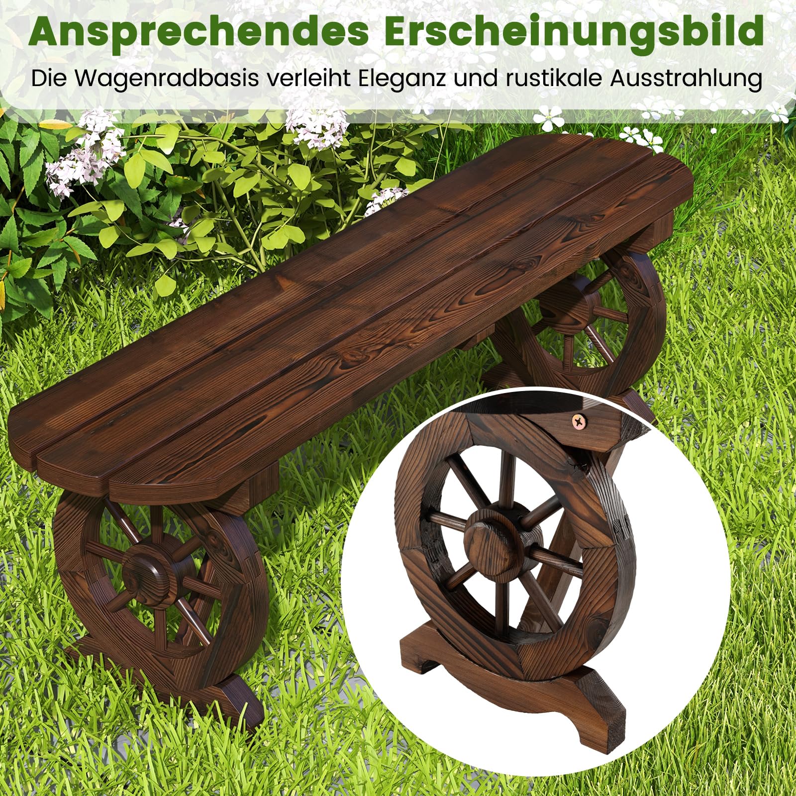 COSTWAY Gartenbank ohne Rückenlehne, wetterfeste Sitzbank, Holzbank für 2-3 Sitzer bis 325 kg belastbar, Terrassenbank aus Holz, Parkbank im Wagenrad-Design für Garten, Balkon, 113 x 28 x 37 cm