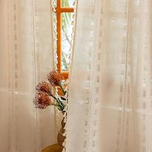 Beige Boho Curtains 2 Panels,Light Filtering Vintage Curtains 84 inches Long for Living Room Bedroom,Farmhouse, Bohemian Natural Tassels Country Embroidery Striped Draps Back Tab, 50" W