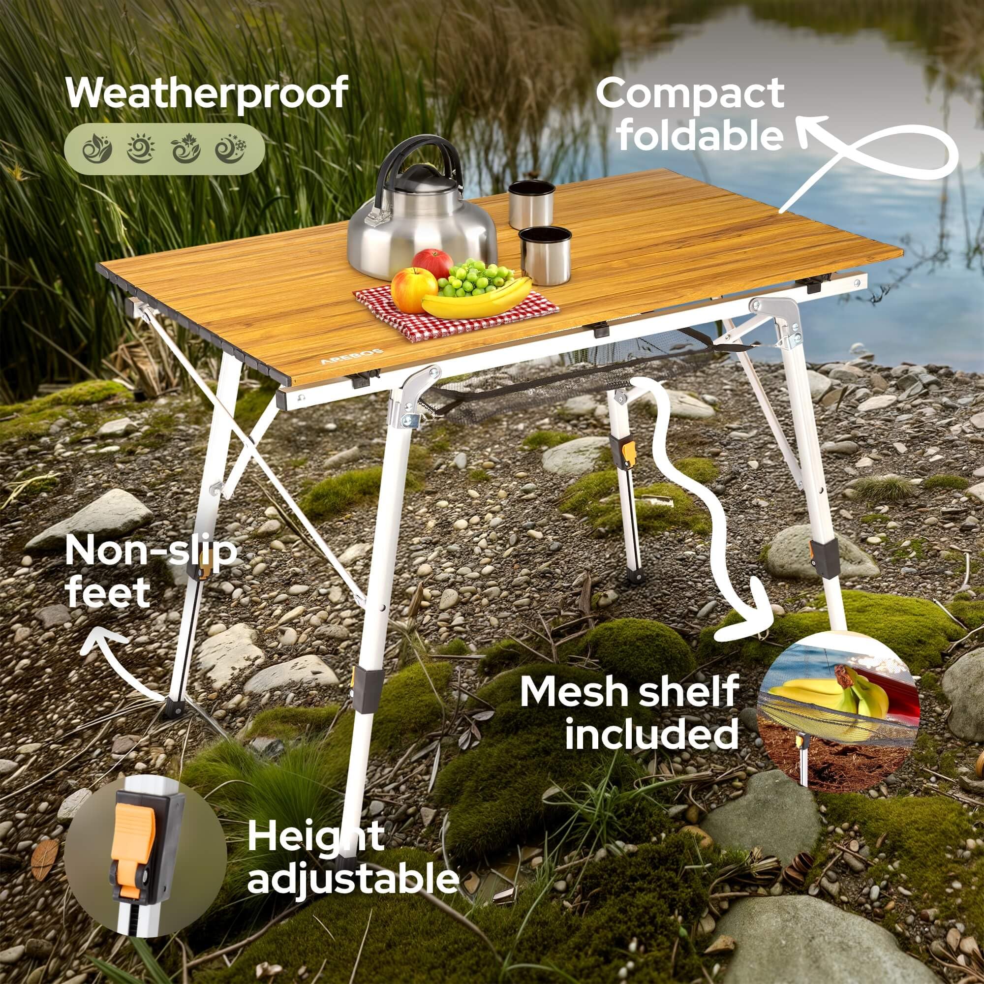 Arebos Mesa de Camping Plegable 120 x 70 cm, Altura Regulable (58-78 cm), Accesorios para Camping, Jardín, Barbacoa, Picnic, Incluye Bolsa de Transporte | Marrón