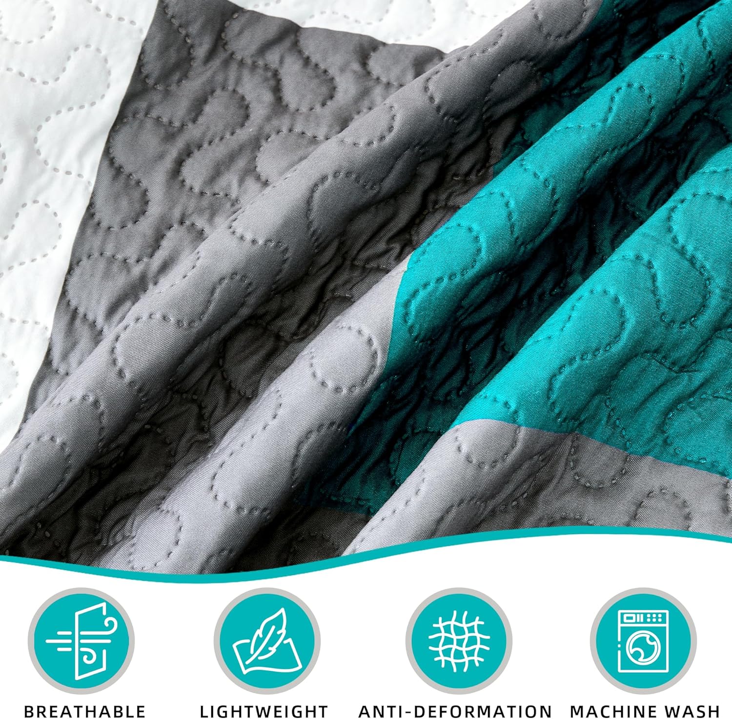 3 Piece Teal/Turquoise Grey Quilt Set King Size Black White Geometric Reversible Bedding Set Microfiber Lightweight Bedspread Coverlet with 2 Shams Modern Bed Covers for All Season, 106''x96'' - Image 6