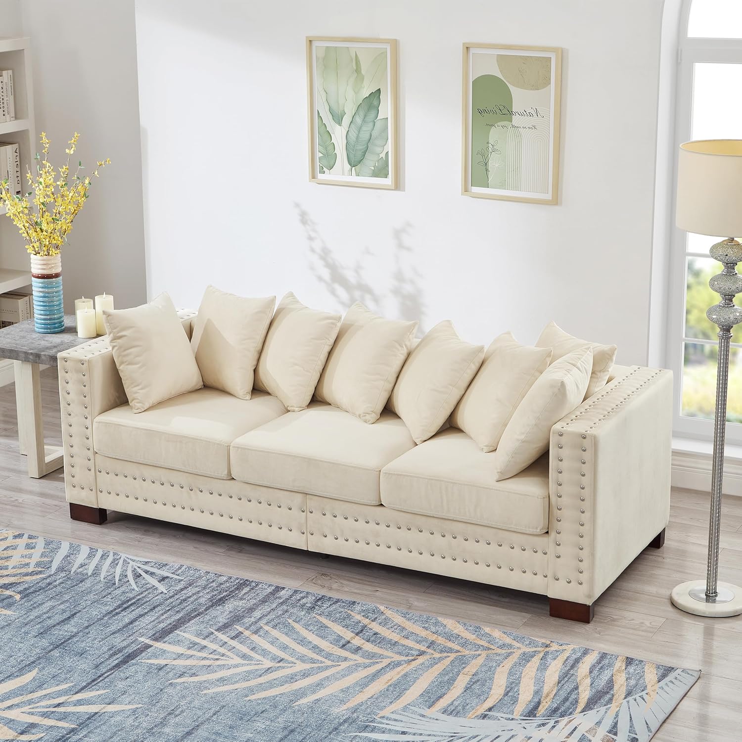 84.5''Velvet Upholstered Sofa, Comfy Modern Couch with Silver Nails Decoration and Hidden Storage Space, 3 Seat Storage Sofa Couch with 8 Pillows for Living Room, Apartment, Apricot