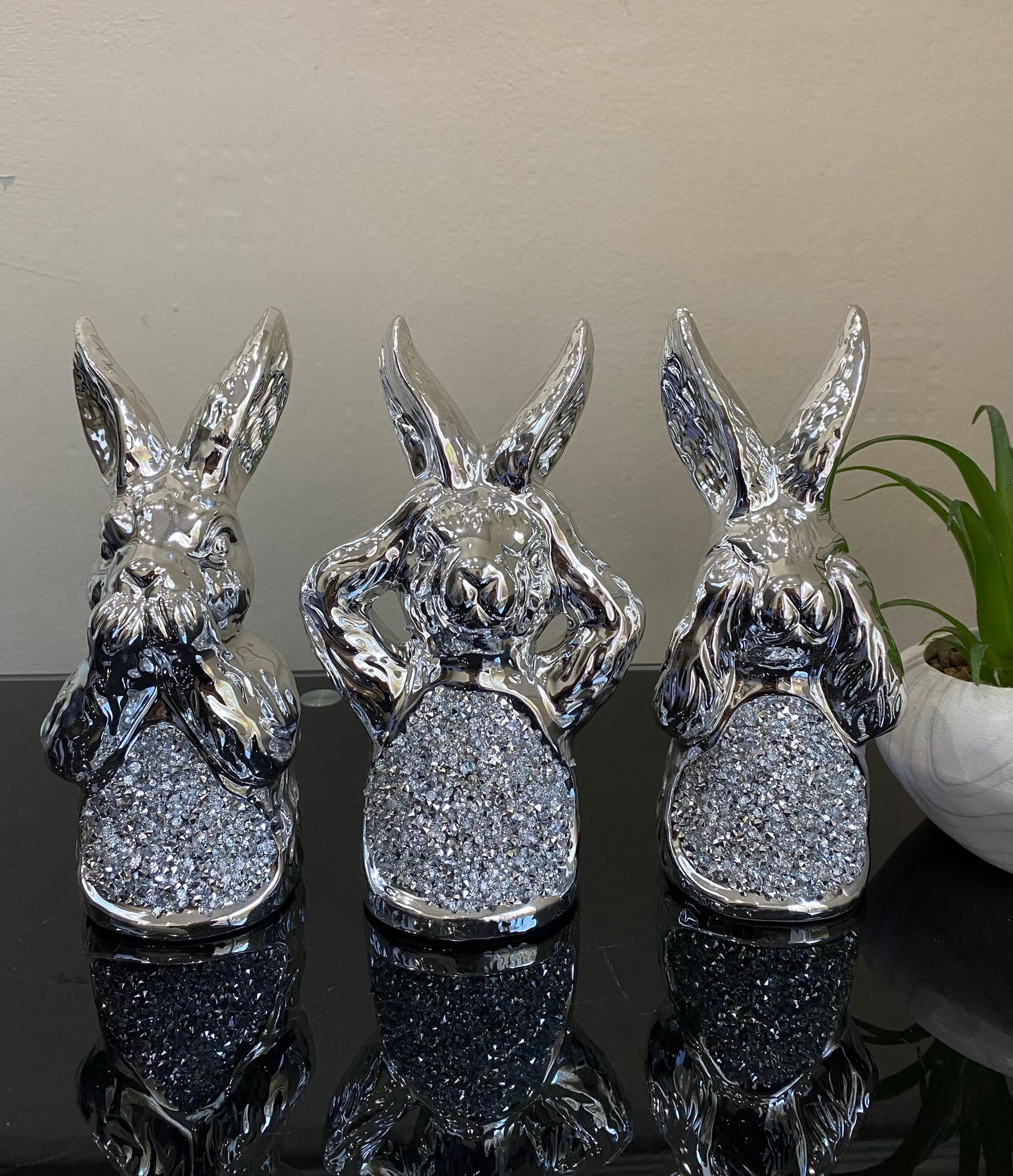 Stunning Silver Set Of 3 Crushed Diamond Rabbits Sparkly Bling Ornament Home Decor Best For Gifts