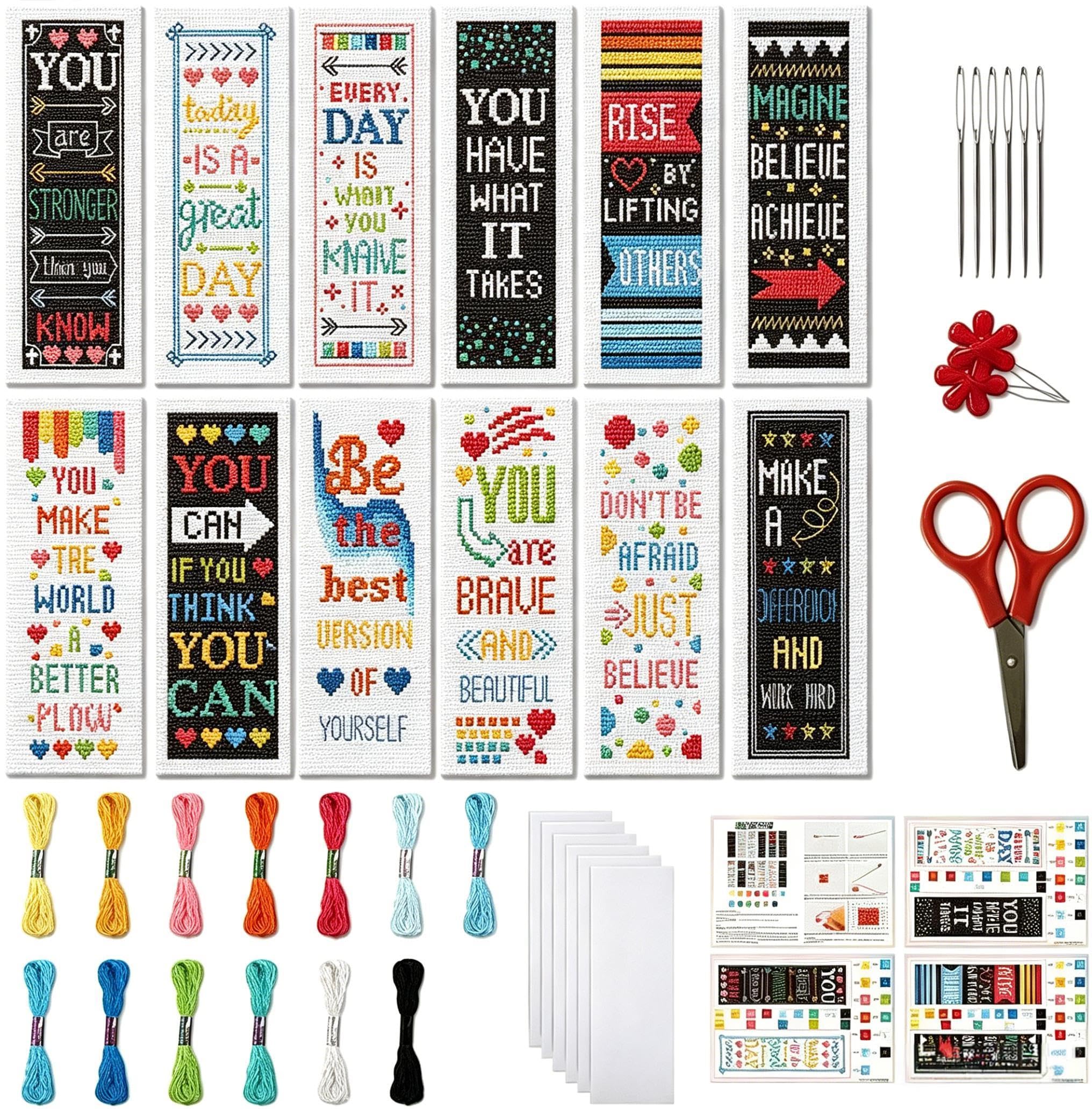 FREEBLOSS 12 Set Cross Stitch Bookmark Kit for Adult Beginners Stamped Cross Stitch Kits Inspirational Copywriting Embroidery Bookmarks Craft Kit with Instructions for Gift 11CT 8"x2.4"