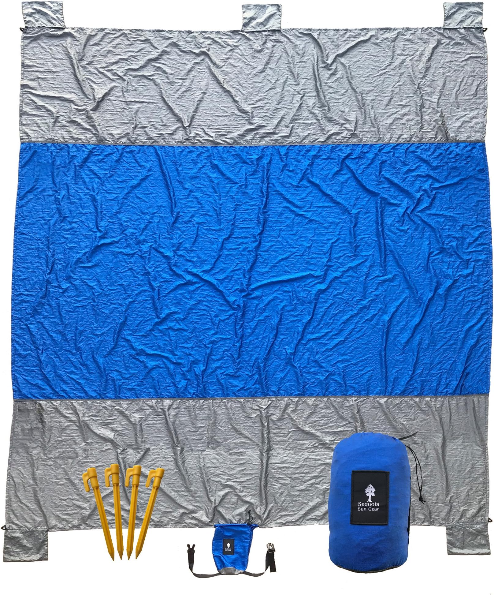 Sequoia Sun Gear Outdoor Beach Blanket - Large 9' x 7' Oversized Mat - Includes 4 Windproof Stakes & Anchor Sand Pockets - Perfect For Picnics, Hiking, Camping - Portable, Compact, Lightweight