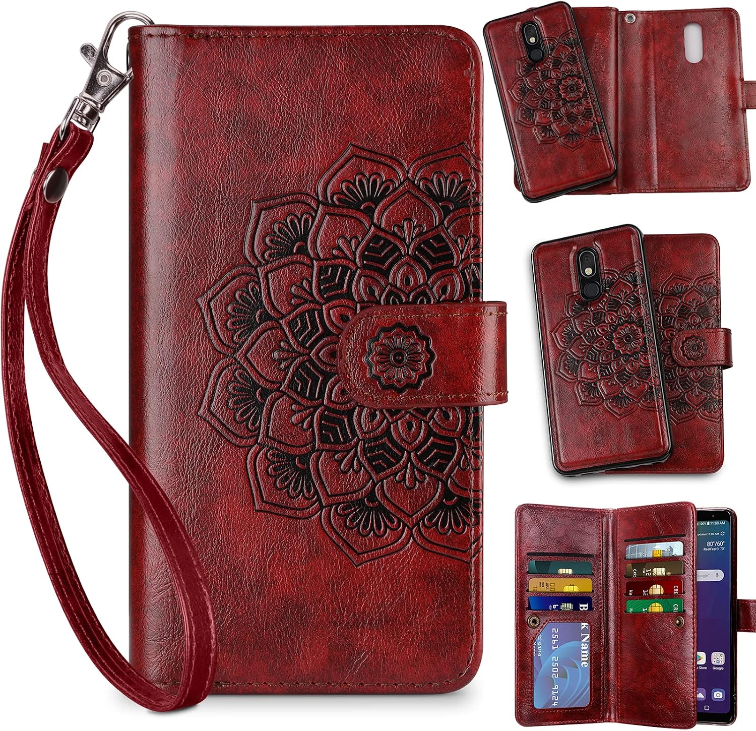 Vofolen for LG Stylo 5 Case Wallet 2-in-1 Cover Card Holder Slot Detachable Strap Protective Slim Hard Shell Magnetic PU Leather Folio Pocket Flip Cover for LG Stylo 5 5V 5+ Plus Mandala Red