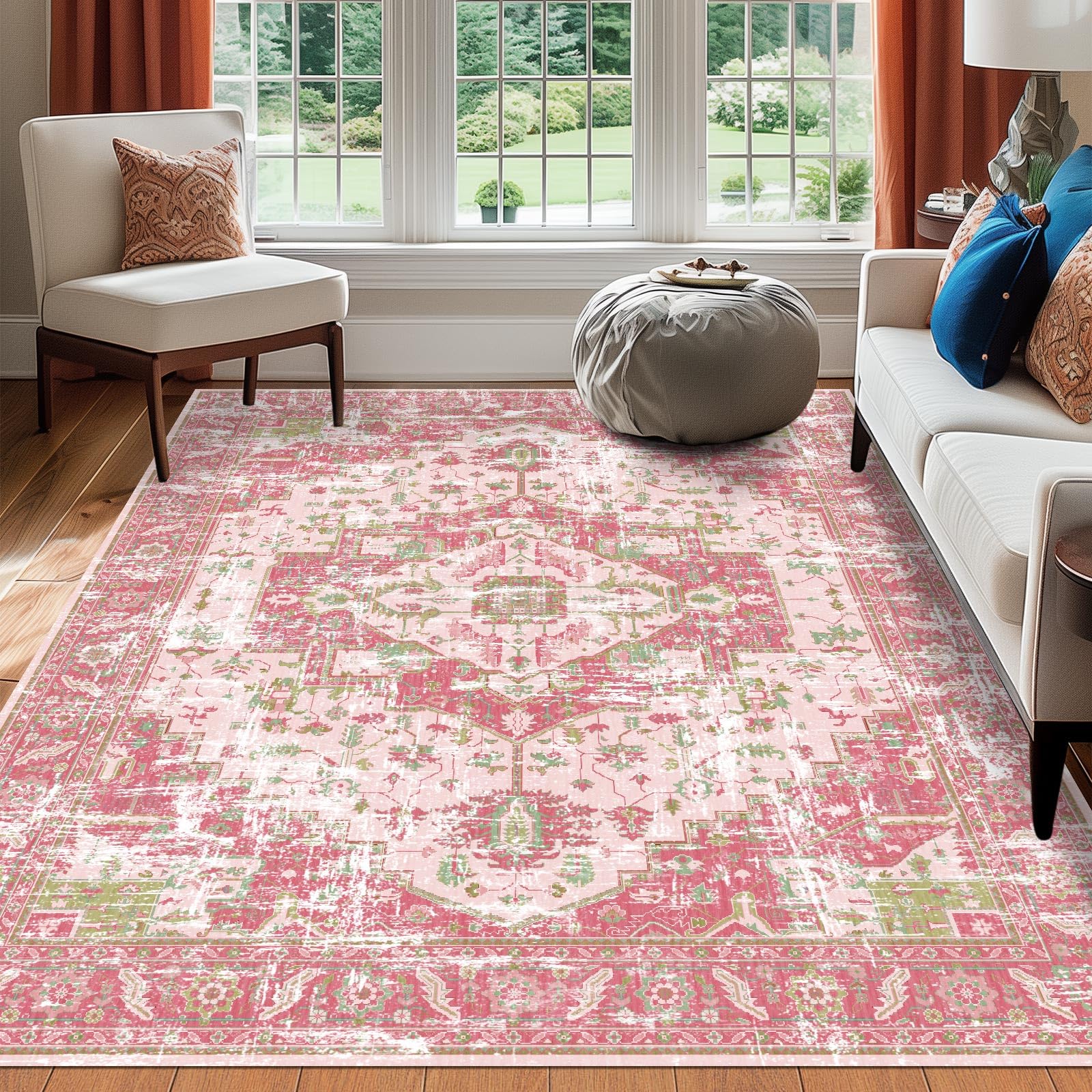 Vintage Area Rugs Living Room Boho Washable Hop Pink Green 5x7 Neutral Modern Non Slip Carpet for Nursery Dining Room Bedroom Farmhouse