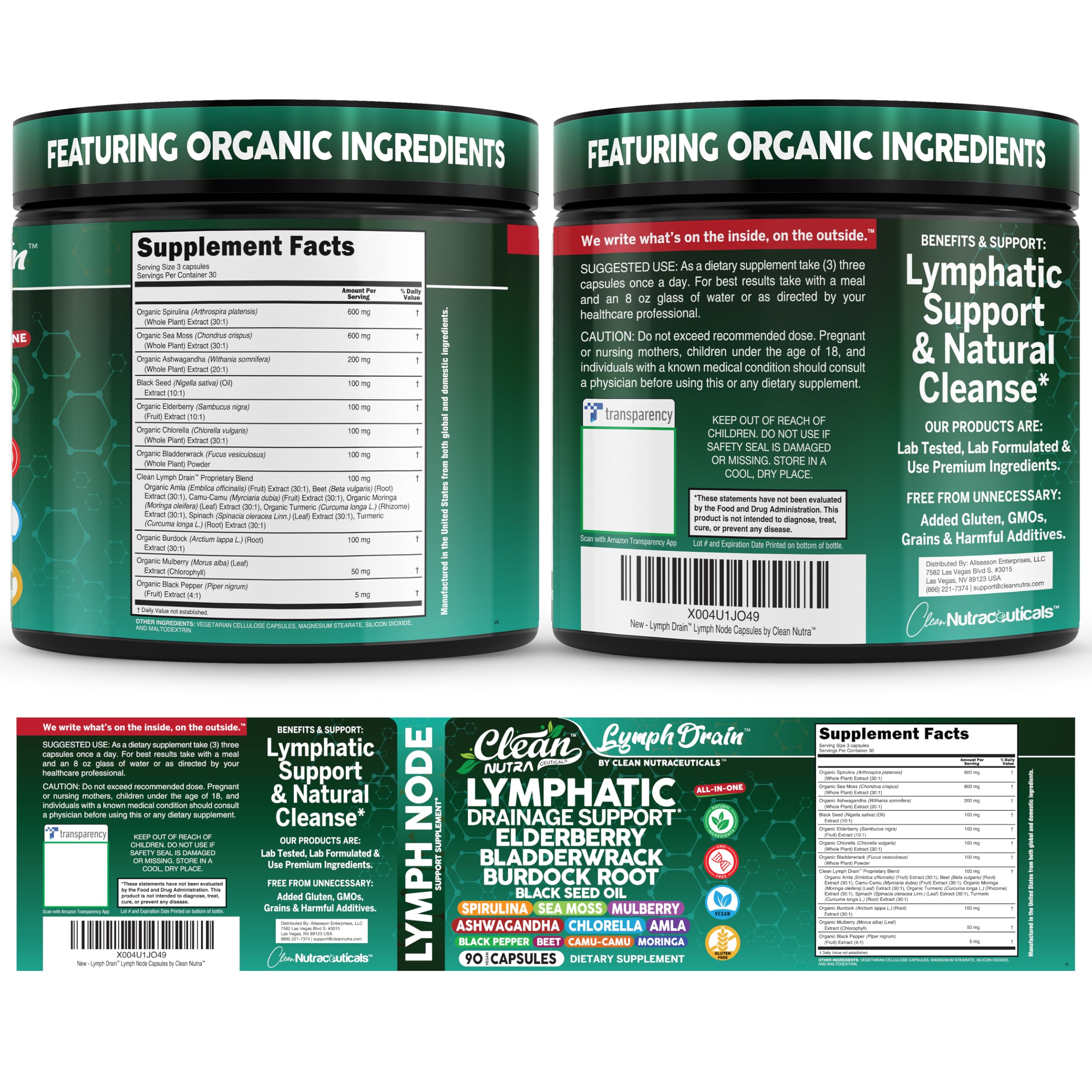 Organic Lymphatic Drainage Supplements | Elderberry Bladderwrack Burdock Root Black Seed Oil Spirulina Sea Moss Ashwagandha Chlorella Amla Beet Moringa Chlorophyll Lymph System Capsules By Clean Nutra — Amazon image 9
