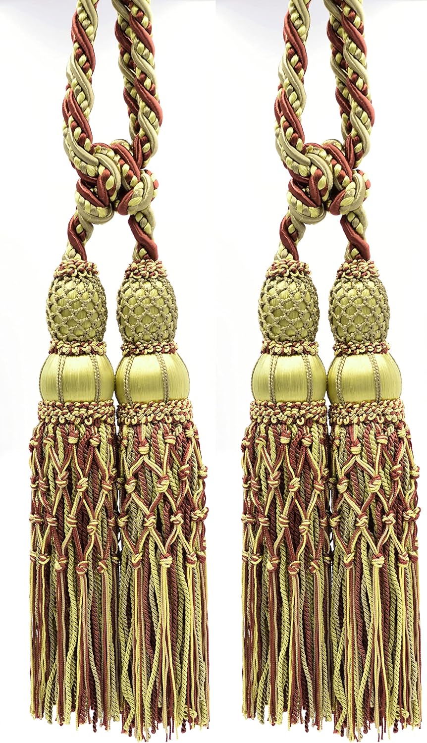 DÉCOPRO Pair of Beautiful Beechwood Gold Camel Gold Dark Rust Curtain & Drapery Large Double Tassel Tieback/10 inch tassel 38 inch Spread Decorative Rope Holdback / Style# TBEL10-2 (21465) Color: EL09
