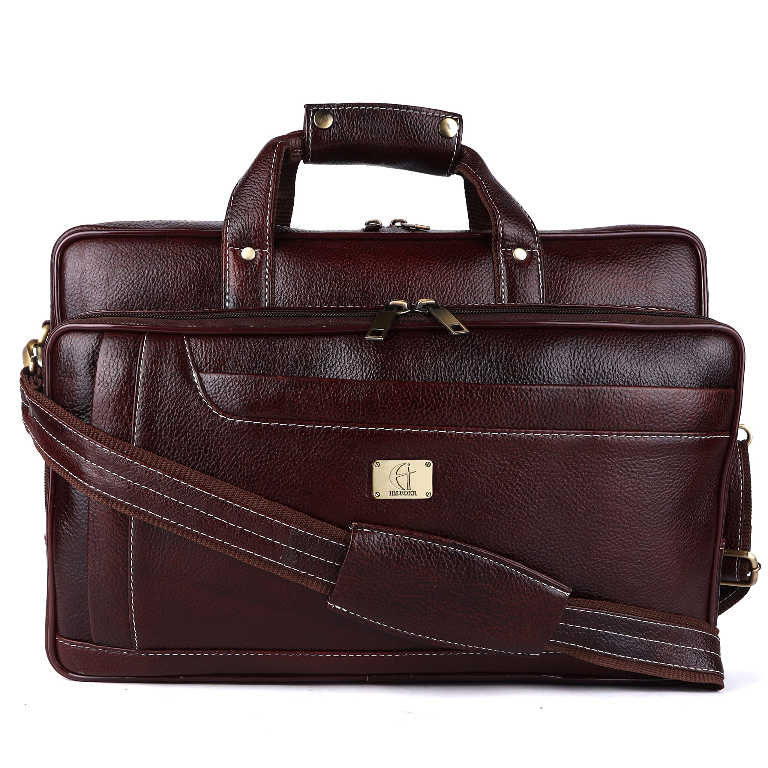 hileder Pure Genuine Original Leather 16 Inch Stylish Briefcase Satchel Laptop Messenger Travelling Daily Use Bag With 3 Compartments and Vertical Zipper Front Pocket-picture-16