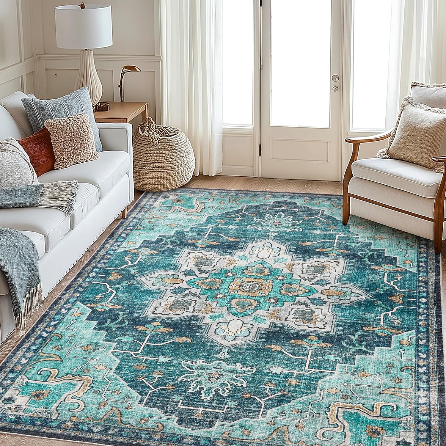 Area Rug 3×5, Boho Vintage Rug Non Slip Low Pile Rugs,
